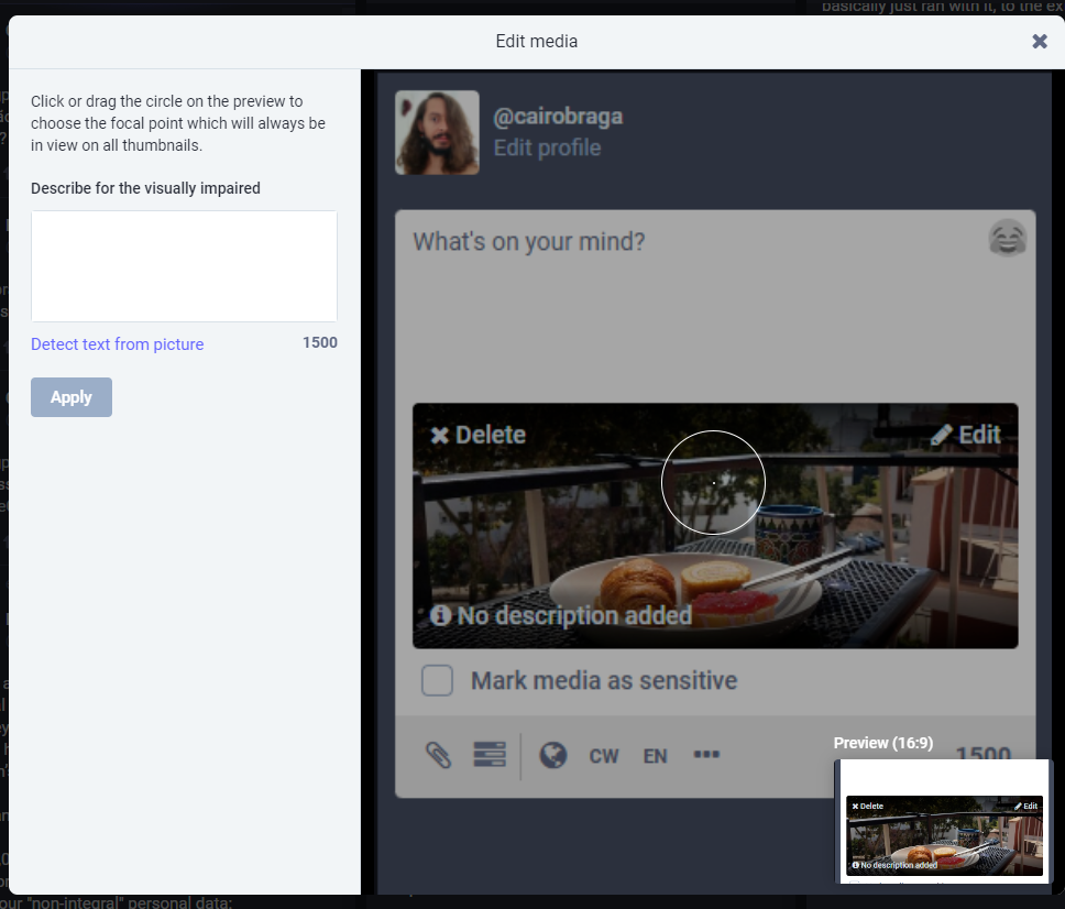 captura de tela da interface de descri&ccedil;&atilde;o de imagens da interface web do Mastodon, em ingl&ecirc;s. h&aacute; uma explica&ccedil;&atilde;o sobre como a escolha do ponto focal define que parte da imagem sempre aparecer&aacute; em qualquer situa&ccedil;&atilde;o e abaixo o campo de texto para a inser&ccedil;&atilde;o da descri&ccedil;&atilde;o da imagem propriamente dita. do lado direito h&aacute; uma previs&atilde;o de como a imagem ser&aacute; mostrada no toot, onde tamb&eacute;m se pode indicar com o cursor o ponto focal desejado.